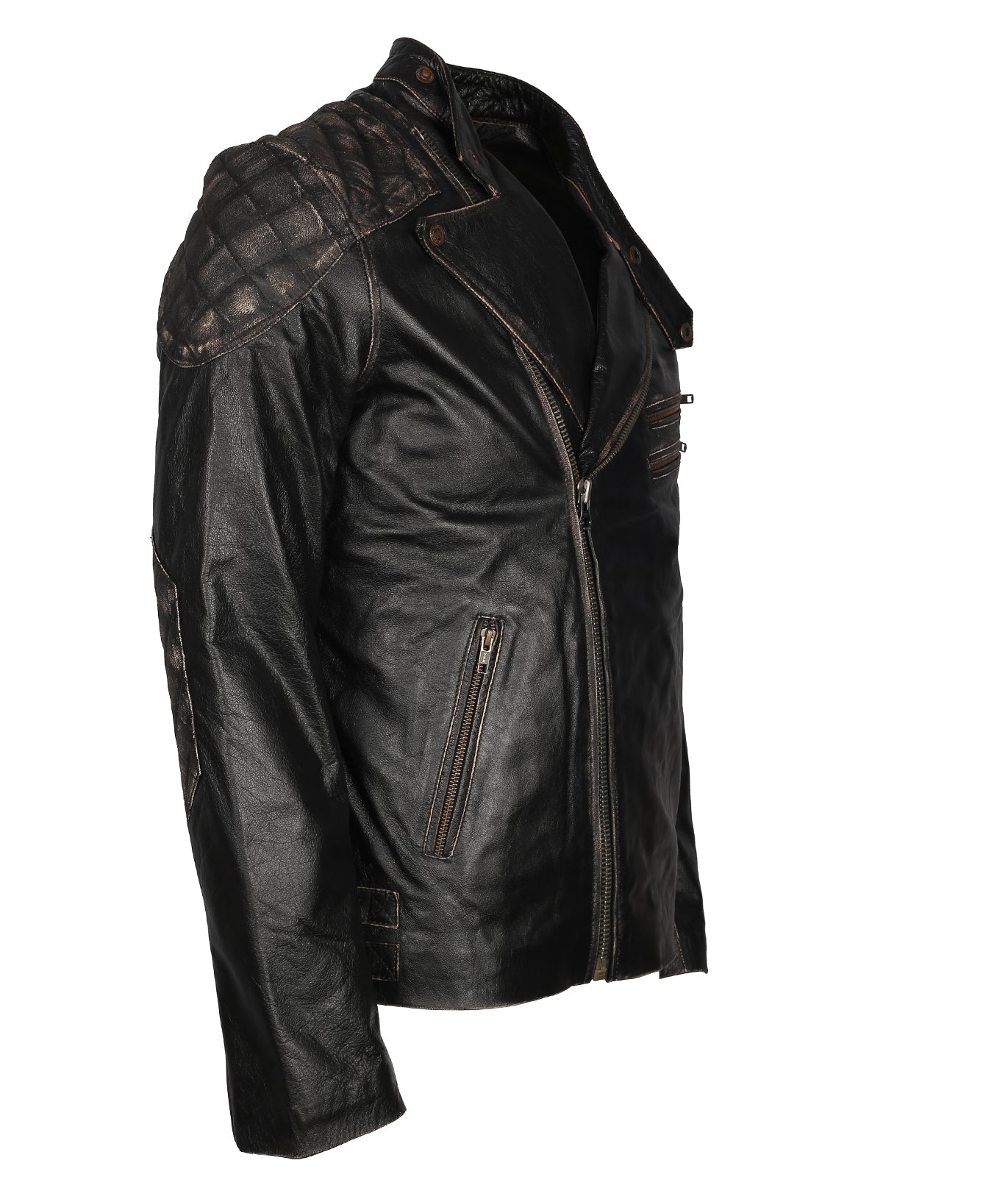 Skull Embossed Black Distressed Leather Jacket Zing Apparel