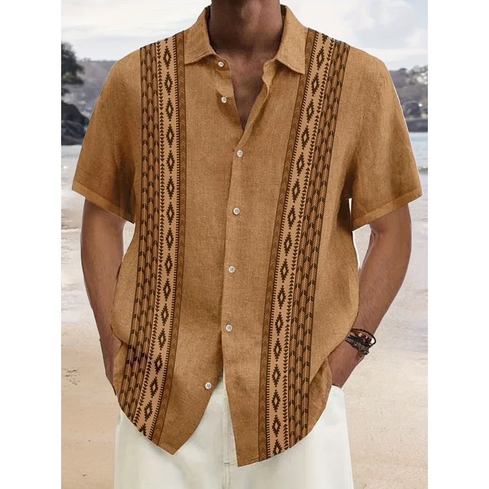 Vintage Men's Wool Shirt Ethnic Pattern Print Short Sleeve