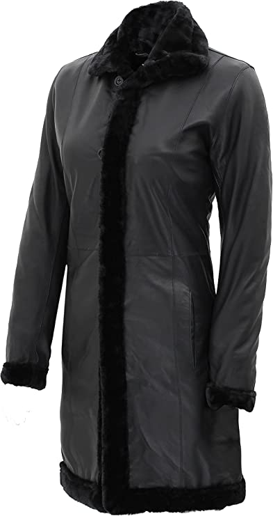 Black Leather Shearling Long Jacket For Women