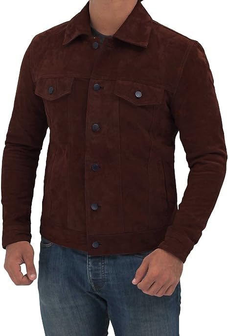 Brown Trucker Suede Leather Jacket Men