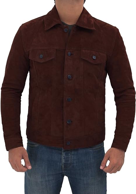 Brown Trucker Suede Leather Jacket Men