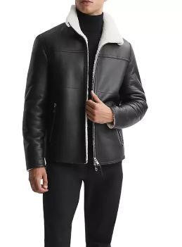 Coal Black Shearling Leather Jacket For Men