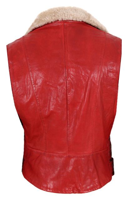 Fur Collar Womens Leather Vest, Red Zing Apparel