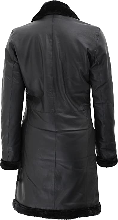 Black Leather Shearling Long Jacket For Women