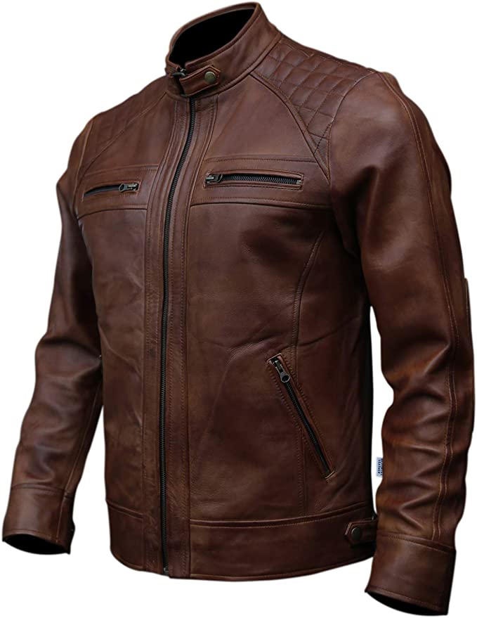 Cuir Dor Men Genuine Leather Biker Jacket, Dark Brown
