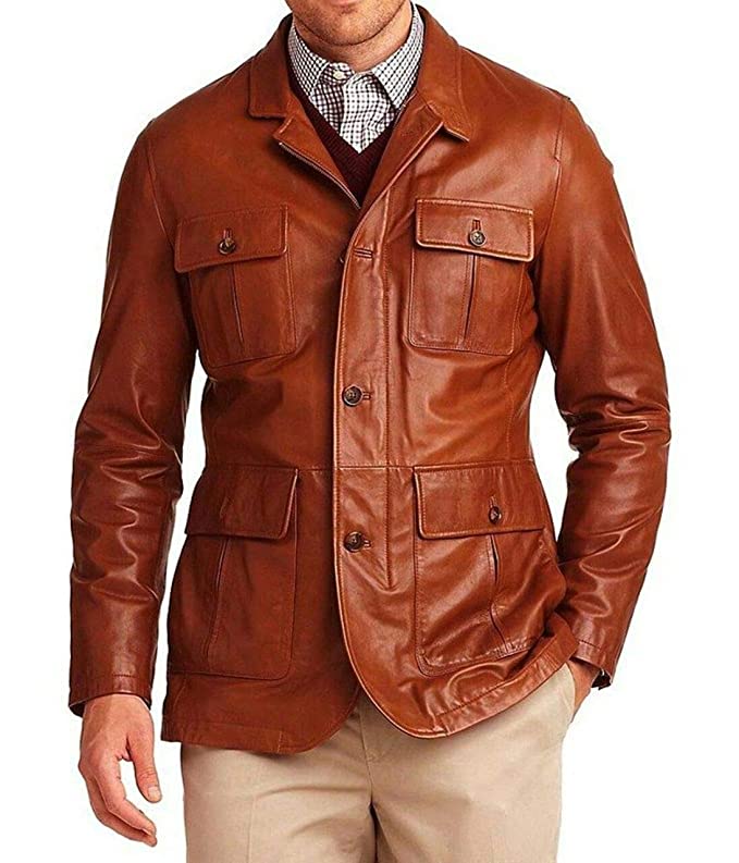 Tan Leather Blazer Men with Button Zing Apparel