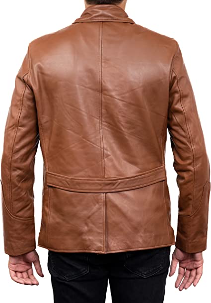Tan Trench Leather Blazer Men, Brown