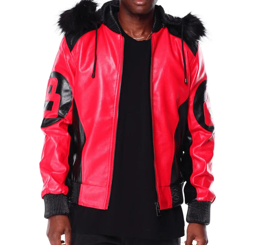 8 Ball Red Leather Hooded Jacket Zing Apparel