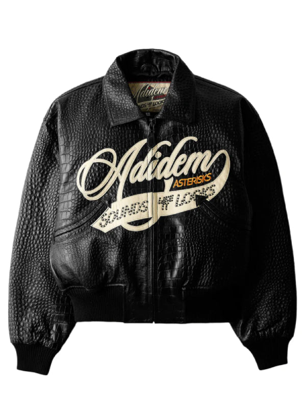 Adidem Asterisk Crocodile Cursive Leather Bomber Jacket