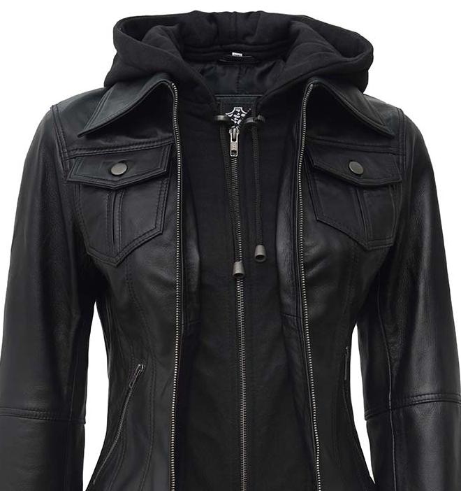 Women Leather Jacket With Hood Burgh