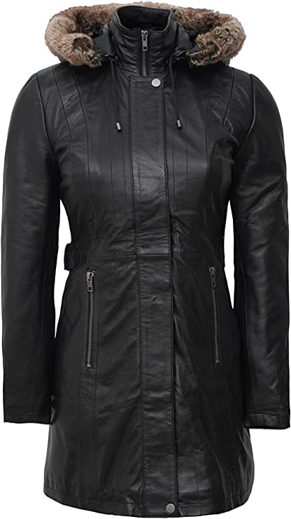 Black Leather Coat with Shearling Hood Buy