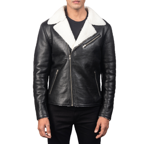 Black Leather Shearling Jacket For Men  2