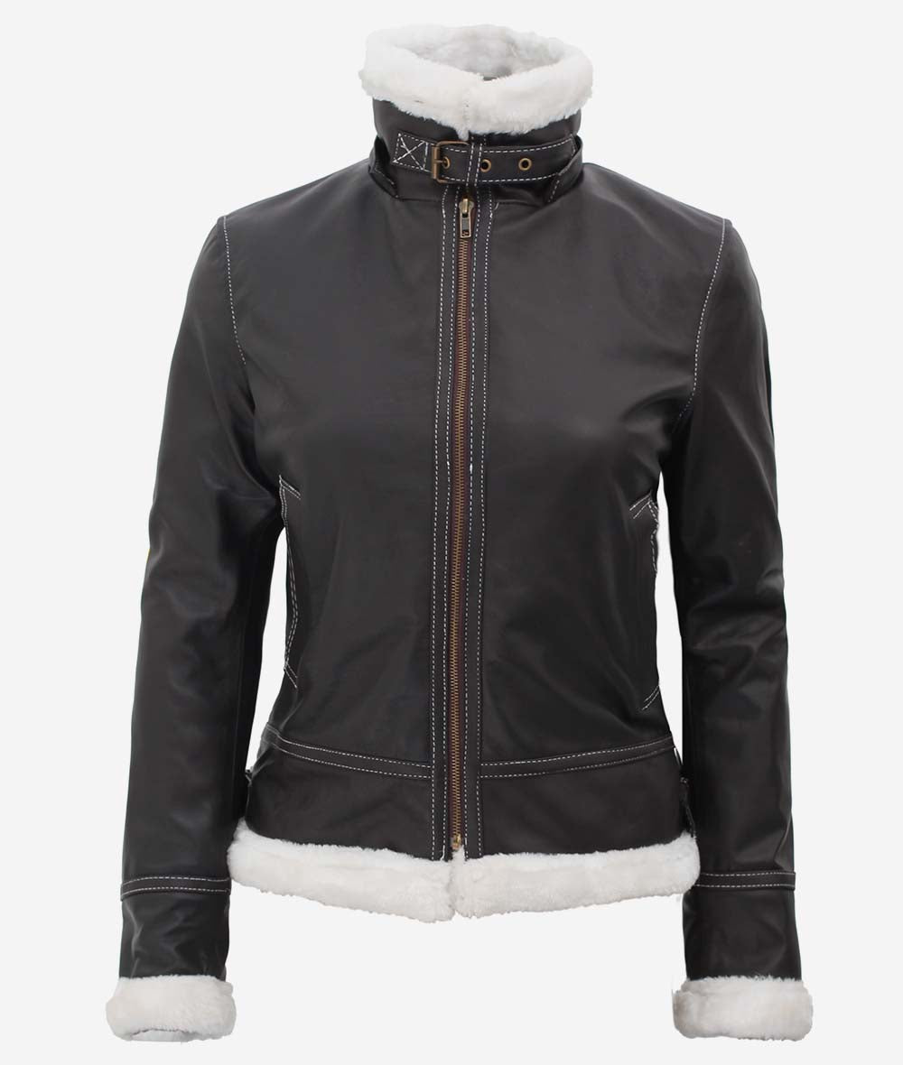 Black Leather Shearling Jacket For Women with Hood