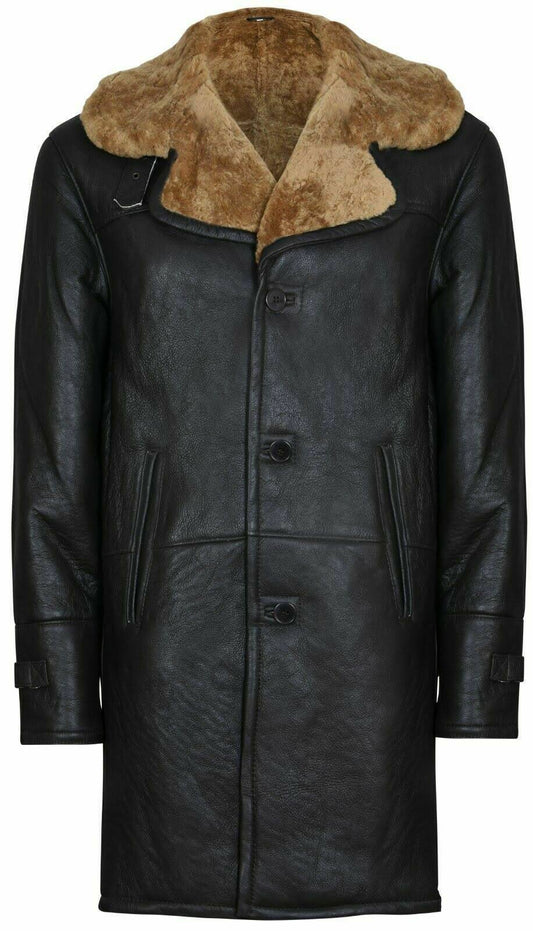 Black Shearling Coat For Men, Sheepskin Leather Coat