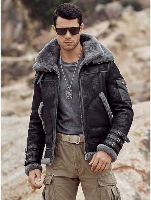 Black Shearling Jacket For Men, with Fur Collar