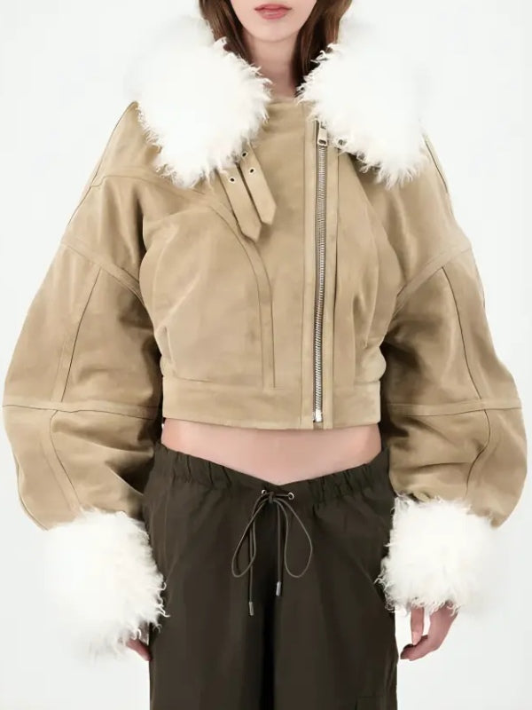 Emily In Paris S04 Camille Razat Faux Fur Trim Suede Jacket