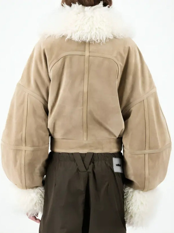 Emily In Paris S04 Camille Razat Faux Fur Trim Suede Jacket