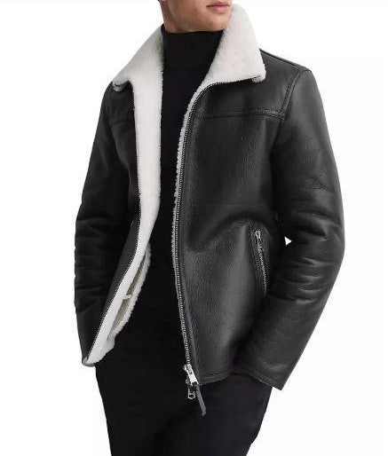 Coal Black Shearling Leather Jacket For Men