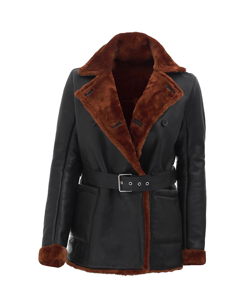 Double Breasted 3/4 Length Shearling Jacket For Women-2
