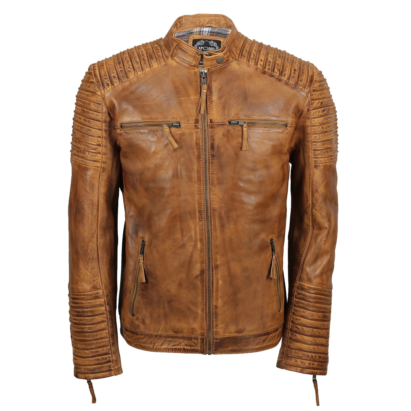 Men's Fraser Racer Biker Leather Jacket, Tan Brown