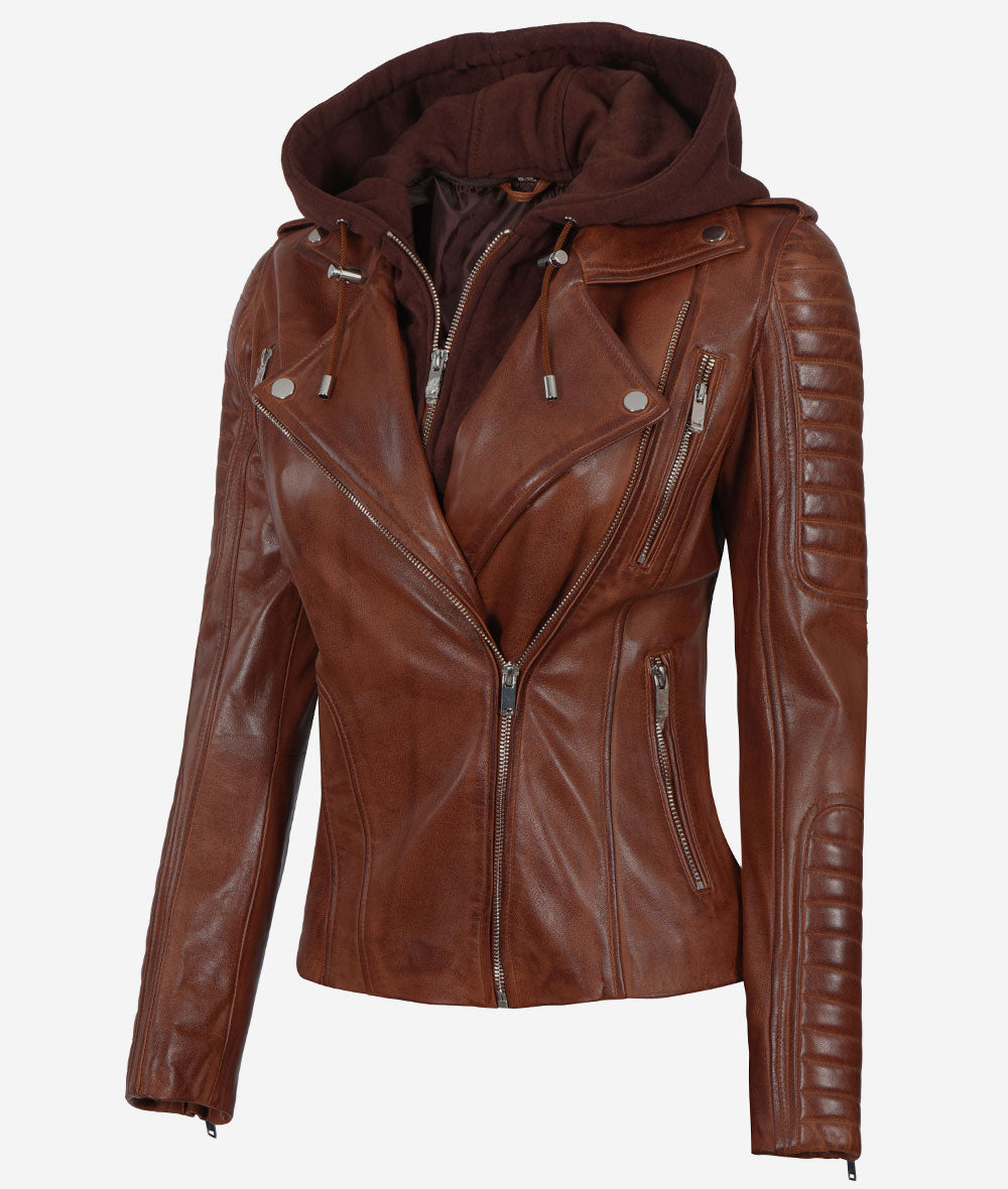 Women Leather Jacket With Hood Cognac