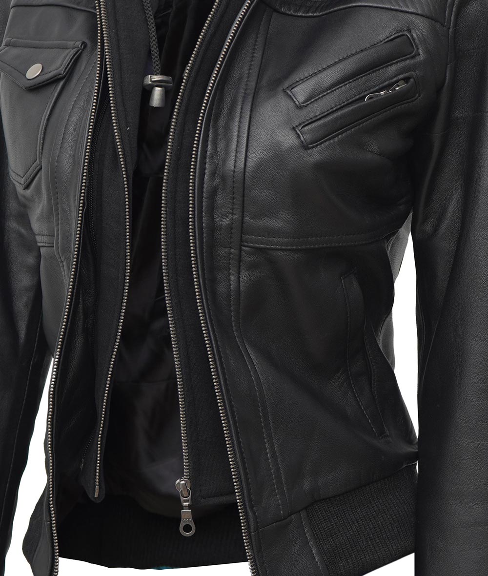 Women Leather Jacket With Hood Burgh