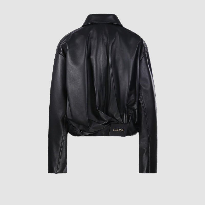Loewe-Black-Lambskin-Draped-Leather-Jacket-For-Womens