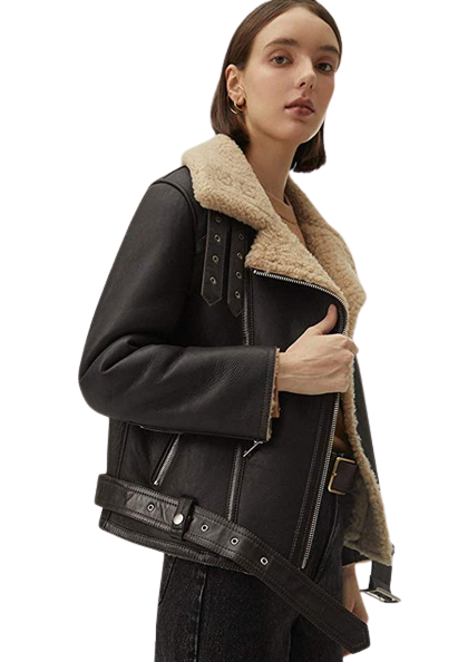 Matte Black Shearling Leather Jacket Women Buy