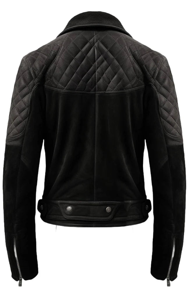 Men Quilted Biker Black Suede Leather Jacket