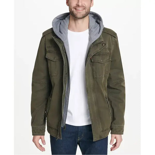 Men’s-Sherpa-Lined-Two-Pocket-Hooded-Trucker-Jacket-Olive-Green