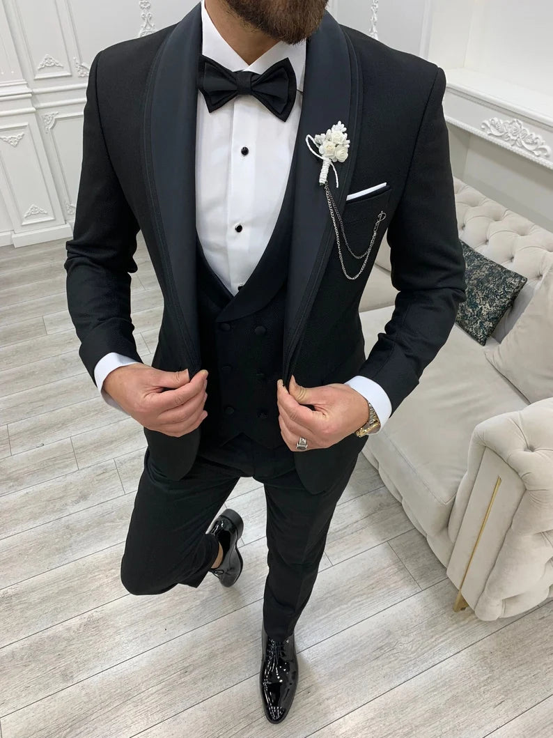 Mens 2 Piece Slim Fit Black Wedding Suit