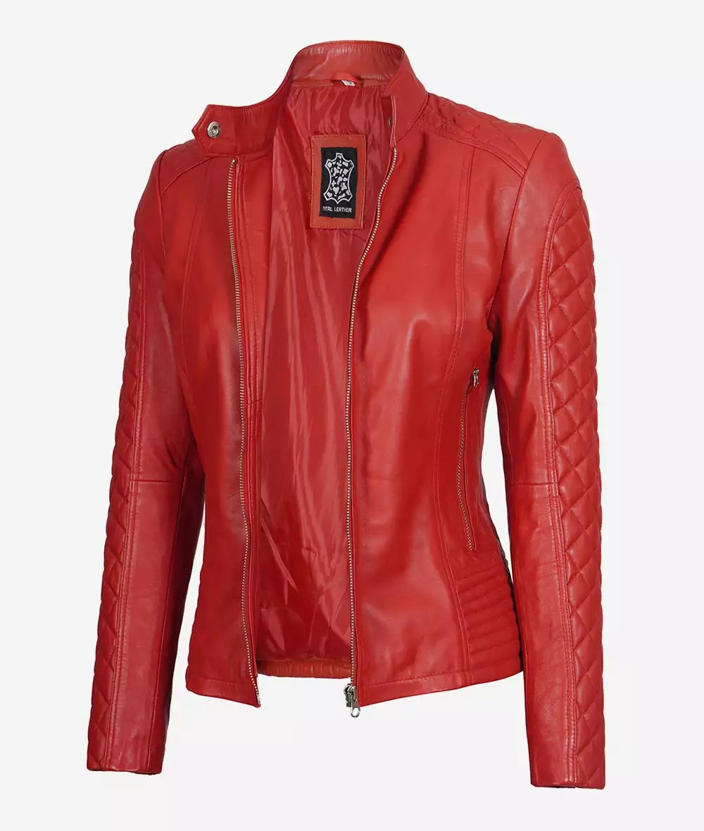 Biker Quilted Leather Jacket Women, Red