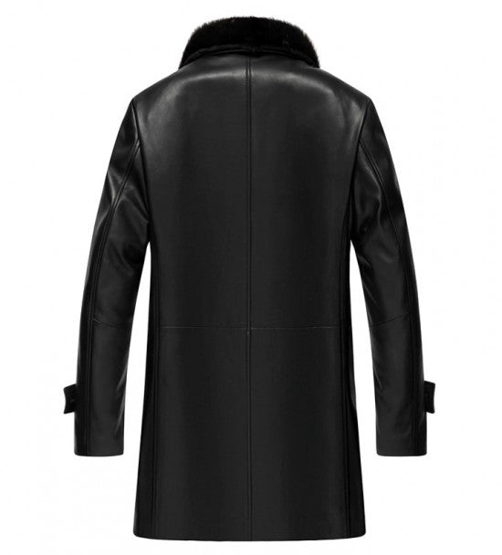 Black Leather Shearling 3/4 Length Coat with Fur Collar