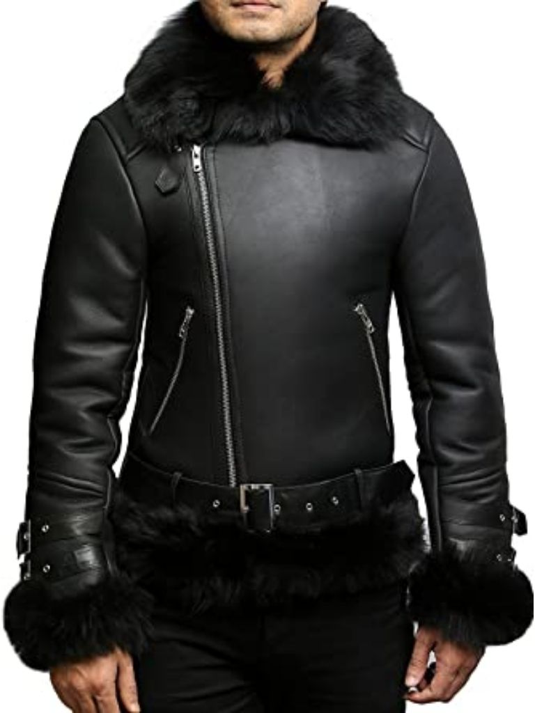 Black Leather Shearling Jacket For Men - flying Toscana