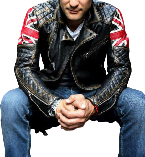 Vintage Motorcycle Biker UK Flag Leather Jacket