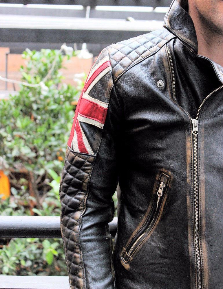 Vintage Motorcycle Biker UK Flag Leather Jacket Zing Apparel