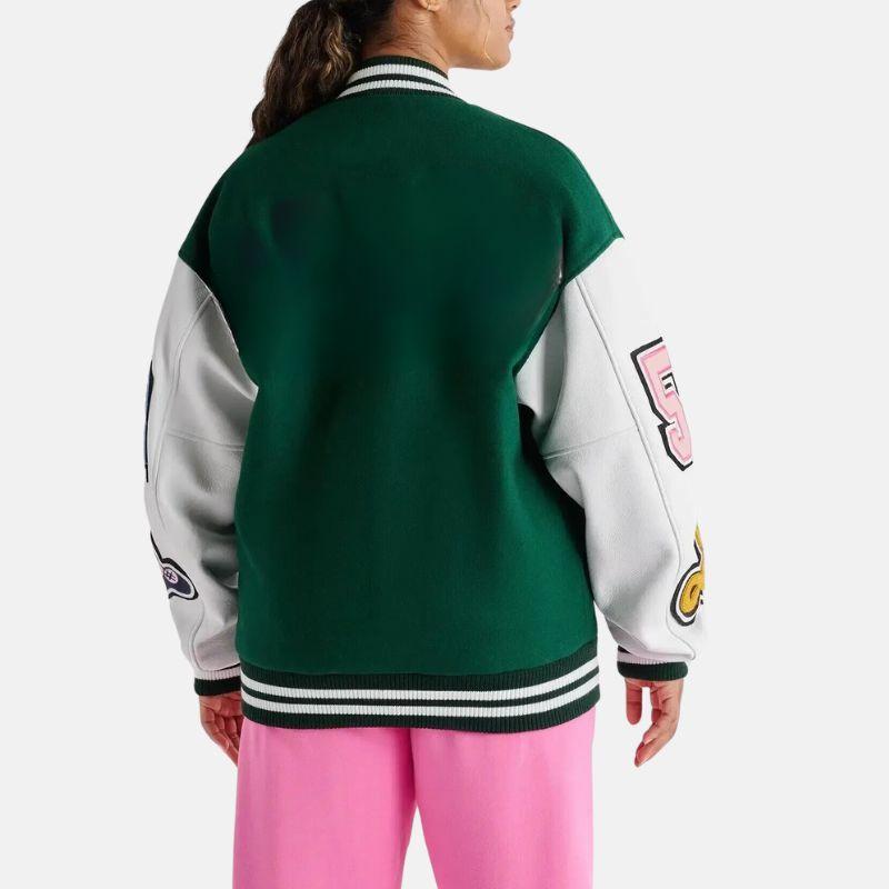 Leather Varsity Jacket For Women in Green & White