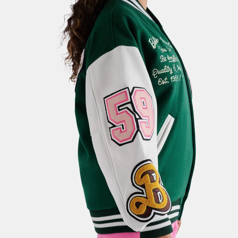 Leather Varsity Jacket For Women in Green & White