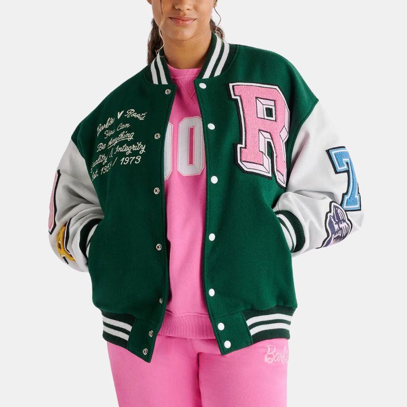 Leather Varsity Jacket For Women in Green & White