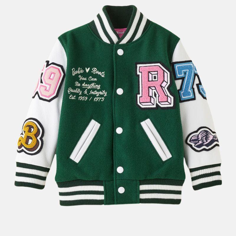 Leather Varsity Jacket For Women in Green & White
