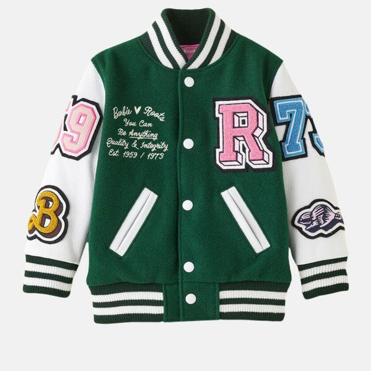 Leather Varsity Jacket For Women in Green & White