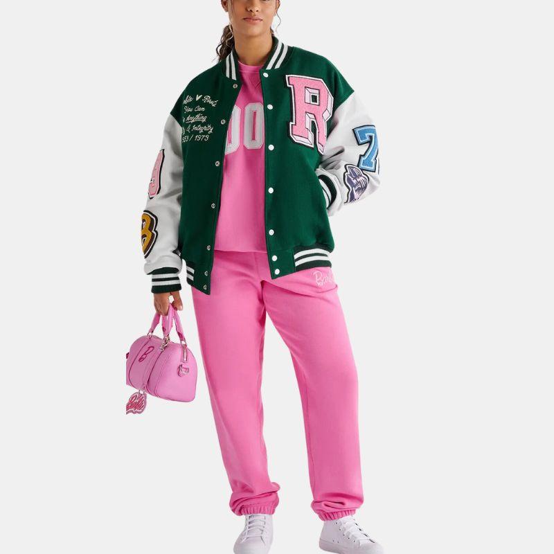 Leather Varsity Jacket For Women in Green & White