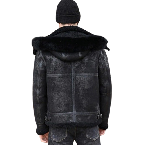 Black Leather Shearling Jacket For Men RAF Aviator