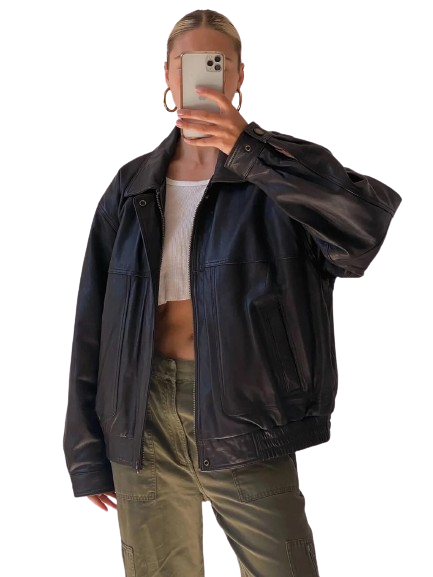 90’s Style Leather Bomber Jacket Women, Black Zing Apparel
