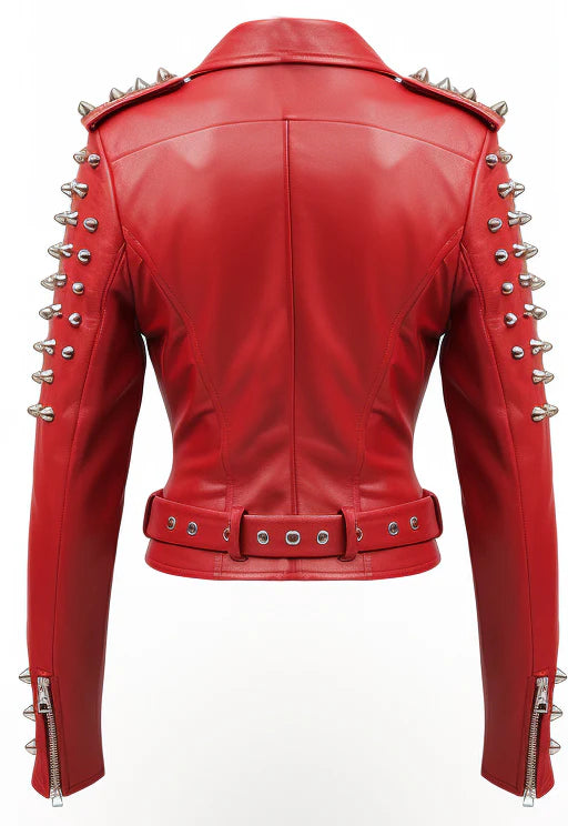 Women Crimson Studs Red Leather Jacket