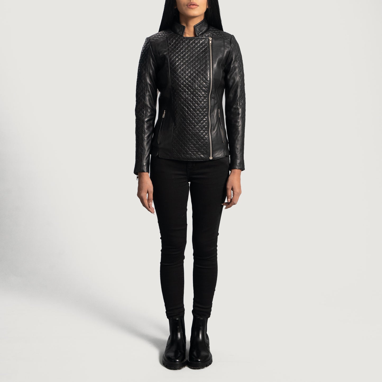 Biker Quilted Leather Jacket Women, Black