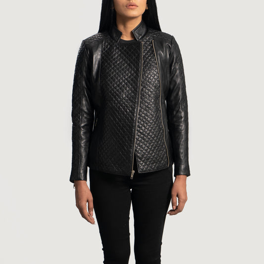 Biker Quilted Leather Jacket Women, Black