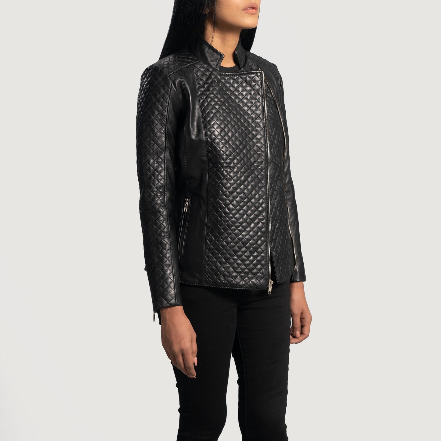 Biker Quilted Leather Jacket Women, Black