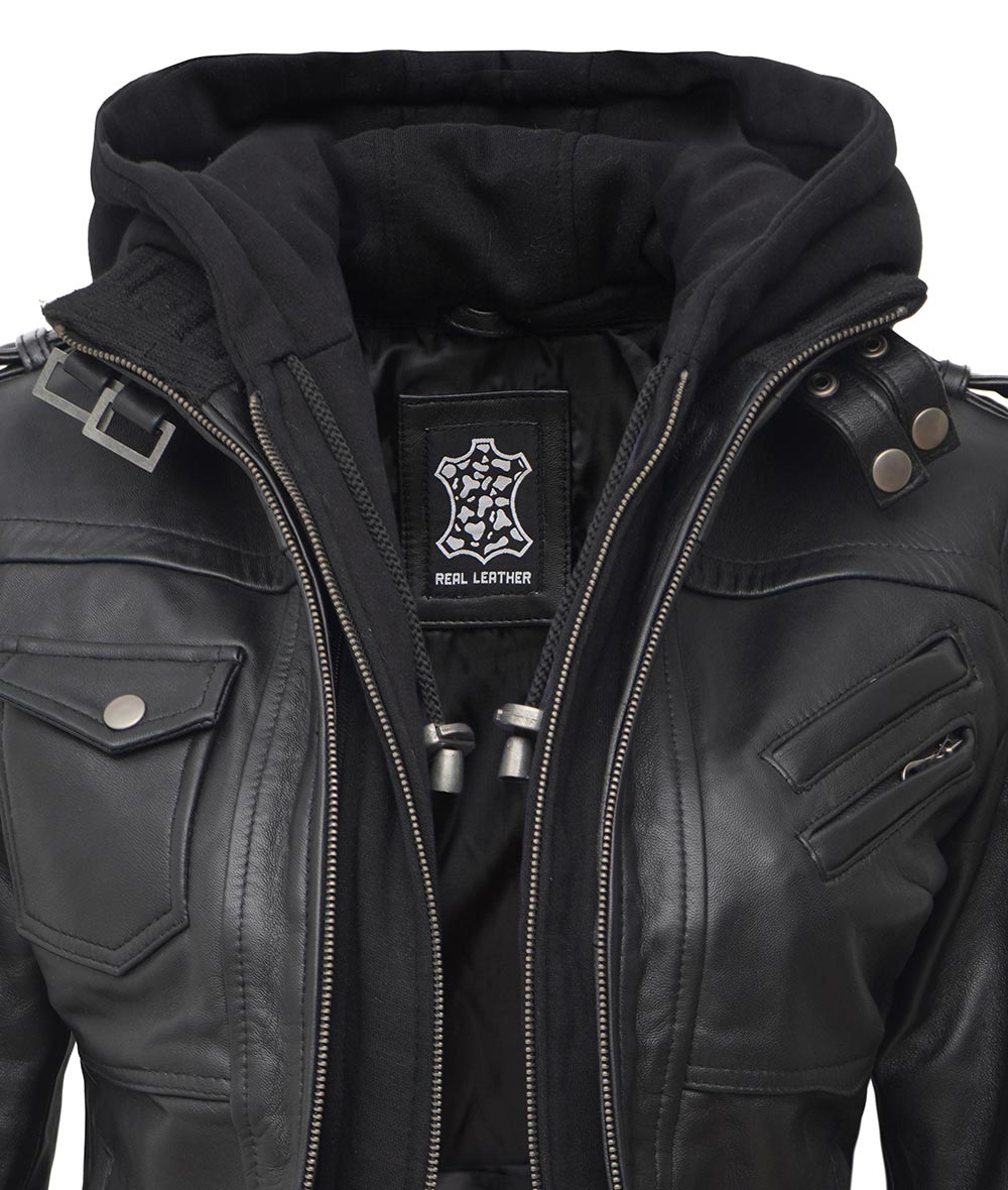 Women Leather Jacket With Hood Burgh