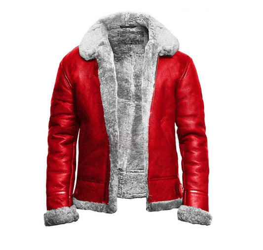 Red Christmas Holiday Bomber Shearling Jacket